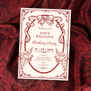 Vintage artistic baroque red bow birthday invitation