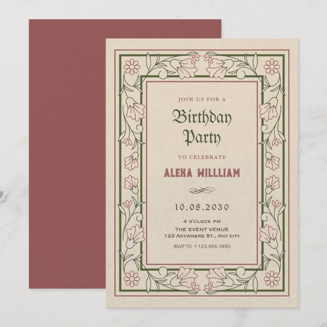 Vintage artistic florat art frame birthday invitation (Front/Back)