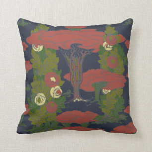 Vintage Arts And Crafts style Rose Bush Pattern Throw Pillow