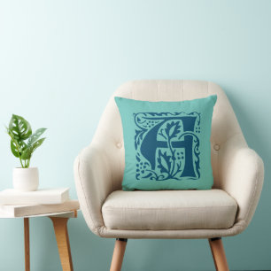 Vintage Arts Crafts Blue William Morris Monogram Throw Pillow