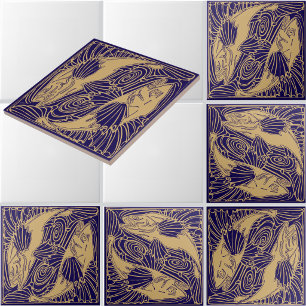 Vintage Arts & Crafts Japanese Koi Goldfish Tile