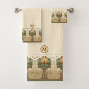 Vintage Arts & Crafts or Mission Style Monogram Bath Towel Set