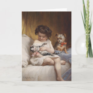 Vintage Artwork - Girl with Her Kitten & Puppy, Card