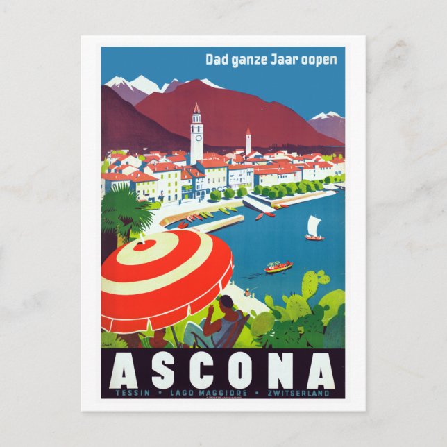 Vintage Ascona Switzerland Travel Poster Postcard (Front)