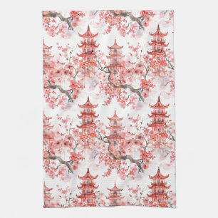 Vintage Asian Pagoda Pink Blossom Scenic Art Kitchen Towel