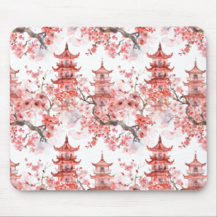 Vintage Asian Pagoda Pink Blossom Scenic Art Mouse Pad