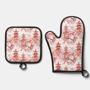 Vintage Asian Pagoda Pink Blossom Scenic Art Oven Mitt & Pot Holder Set