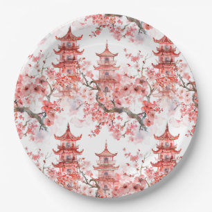 Vintage Asian Pagoda Pink Blossom Scenic Art Paper Plate