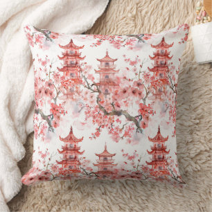 Vintage Asian Pagoda Pink Blossom Scenic Art Throw Pillow