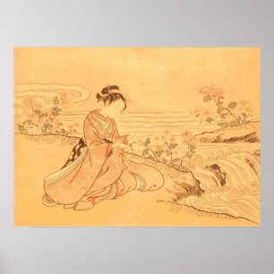 Vintage Asian print Cherry Blossoms by river
