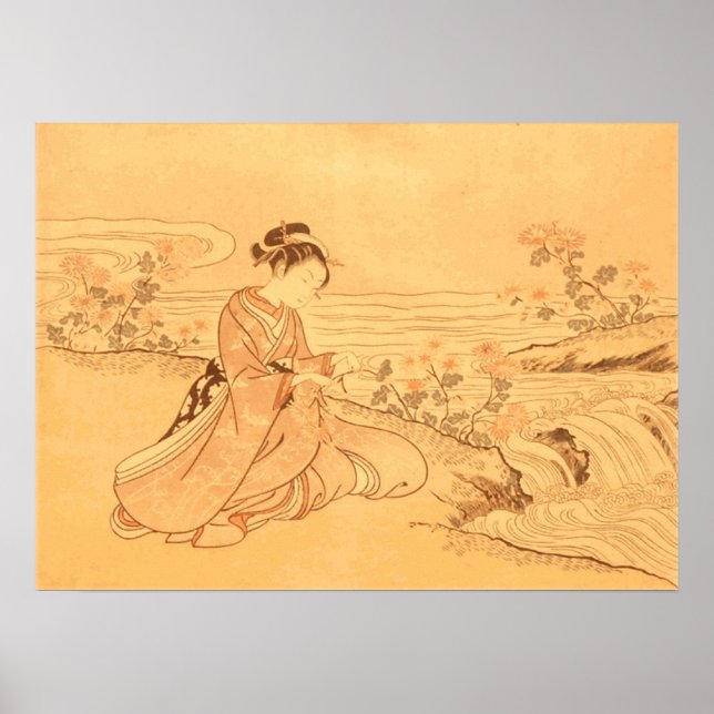 Vintage Asian print Cherry Blossoms by river (Front)