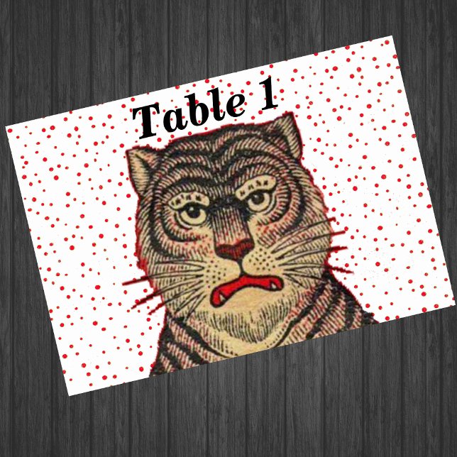 Vintage Asian Striped Fierce Tiger Table Number (Head of fierce Asian tiger on white with red polka dots event table cards.)