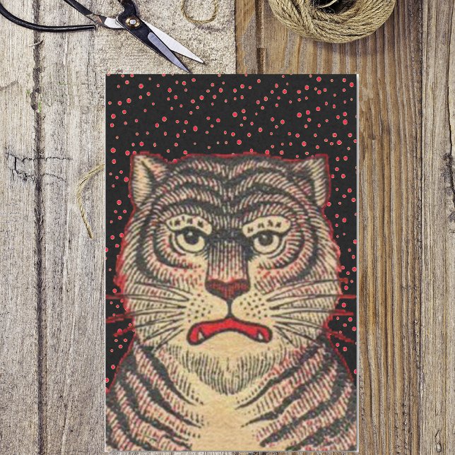 Vintage Asian Striped Fierce Tiger Tissue Paper (Asian tiger with fierce looking face and black stripes on black with red dots tissue wrapping paper.)