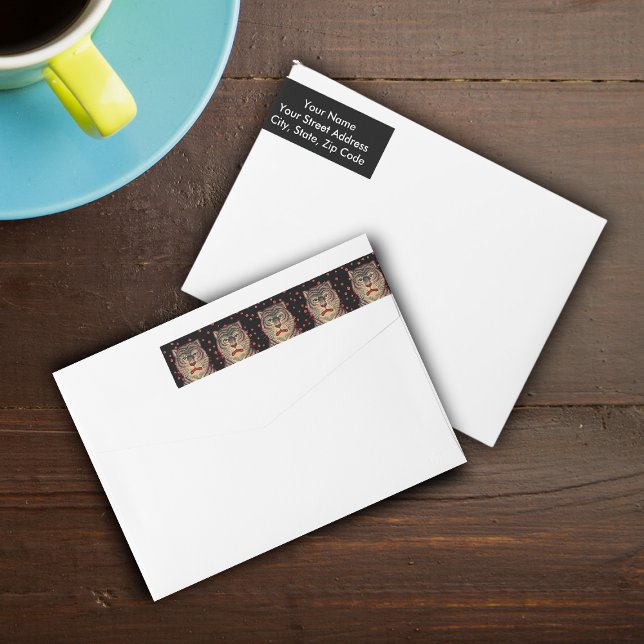 Vintage Asian Striped Fierce Tiger Wrap Around Label (Row of Asian Tigers with Fierce faces on Black with red dots wrap around return address labels.)