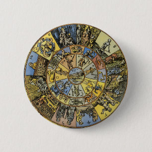 Vintage Astrology, Renaissance Zodiac Wheel, 1555 2 Inch Round Button