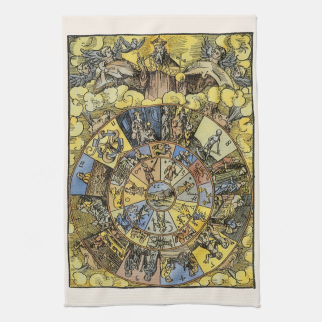 Vintage Astrology, Renaissance Zodiac Wheel, 1555 Kitchen Towel (Vertical)