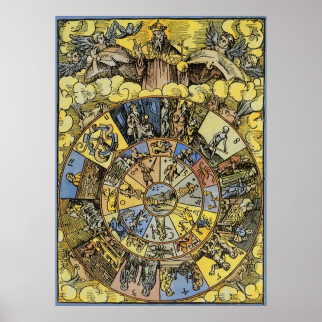 Vintage Astrology, Renaissance Zodiac Wheel, 1555 Poster (Front)
