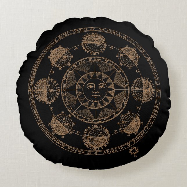 Vintage Astrology Zodiac Wheel Round Pillow (Front)