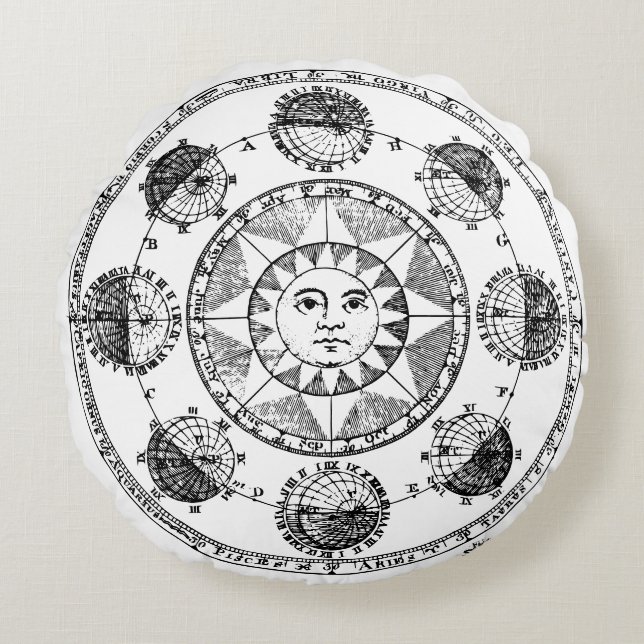 Vintage Astrology Zodiac Wheel Round Pillow (Front)