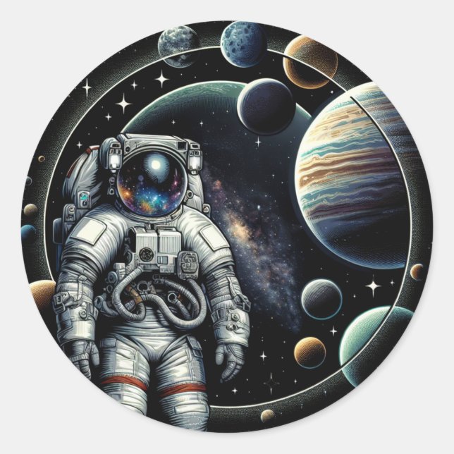 Vintage Astronaut and Planets Classic Round Sticker (Front)