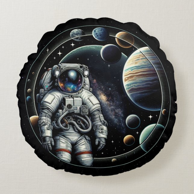 Vintage Astronaut and Planets Round Pillow (Front)