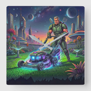 Vintage Astronaut Galactic Lawn Slayer Comic Art Square Wall Clock