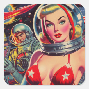 Vintage Astronaut Pin-up Square Sticker