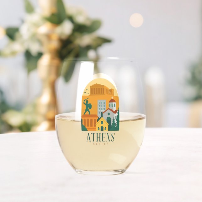 Vintage Athens Greece Travel – Parthenon Stemless Wine Glass (Insitu (Wedding))