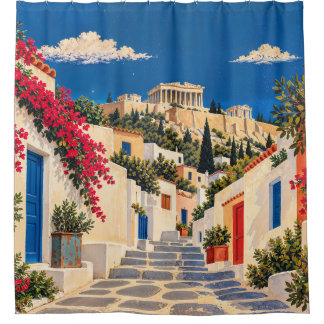 Vintage Athens Greece Travel Poster Shower Curtain