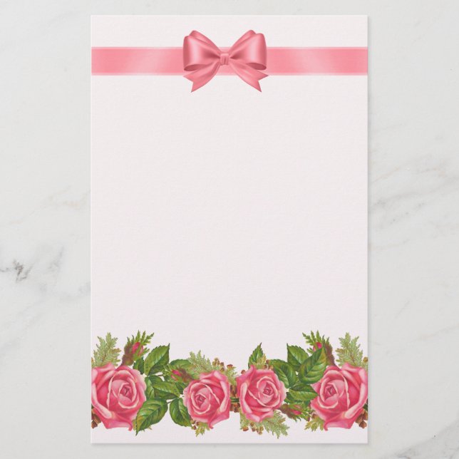 Vintage Attic Roses & Pink Ribbon & Bow Stationery (Front)