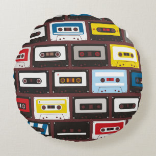 Vintage audio cassettes, seamless background. round pillow