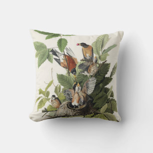 Vintage Audubon American Robin Bird Nest Art Throw Pillow