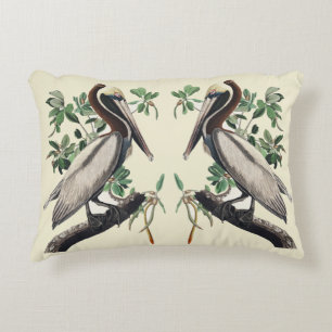 Vintage Audubon Brown Pelican Coastal Bird Art Accent Pillow