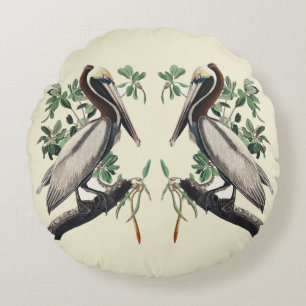 Vintage Audubon Brown Pelican Coastal Bird Art Round Pillow