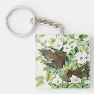 Vintage Audubon Mourning Dove Bird Flower Art Keychain