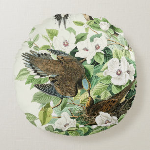 Vintage Audubon Mourning Dove Bird Flower Art Round Pillow