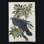 Vintage Audubon Raven Bird Nature Art Kitchen Towel<br><div class="desc">This striking masterpiece, Common Raven (Plate 101), is a standout illustration from John James Audubon’s monumental 19th-century work, The Birds of America. Audubon, the premier American naturalist, masterfully depicts the raven’s glossy, jet-black plumage with incredible detail, perched amidst the lush green leaves and ripening nuts of a Shell-bark Hickory tree....</div>