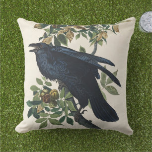 Vintage Audubon Raven Bird Nature Art Outdoor Pillow