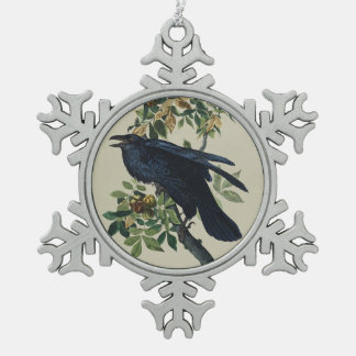 Vintage Audubon Raven Bird Nature Art Snowflake Pewter Christmas Ornament
