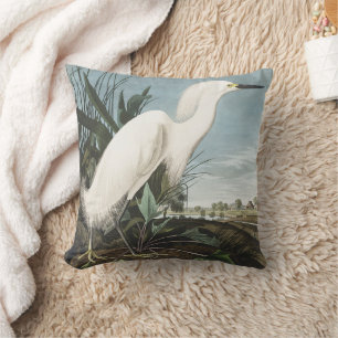Vintage Audubon Snowy Heron White Egret Bird Art Throw Pillow