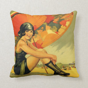 Vintage Australian Beach Poster Throw Pillow