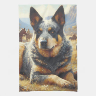 Vintage Australian Cattle Dog Painting Kitchen Towel