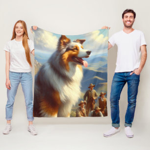 Vintage Australian Shepherd Painting Fleece Blanket