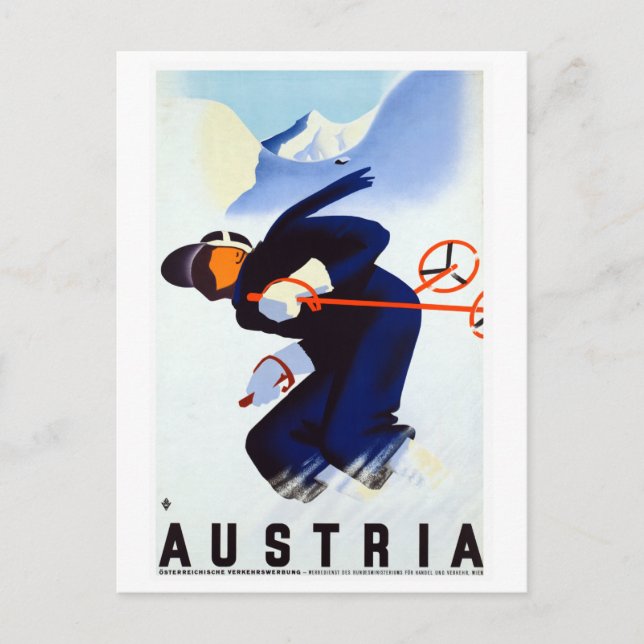 Vintage Austria Skiing Travel Poster Postcard (Front)