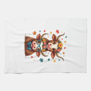 Vintage Autism Highland Cow Trio Peeking Cute Cow  Kitchen Towel