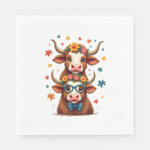 Vintage Autism Highland Cow Trio Peeking Cute Cow Napkin
