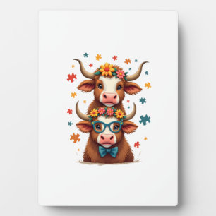 Vintage Autism Highland Cow Trio Peeking Cute Cow  Plaque