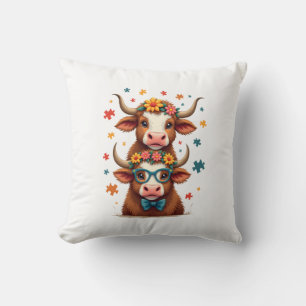 Vintage Autism Highland Cow Trio Peeking Cute Cow Throw Pillow