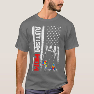 Vintage Autism Mom Bear American Flag Awareness Fa T-Shirt