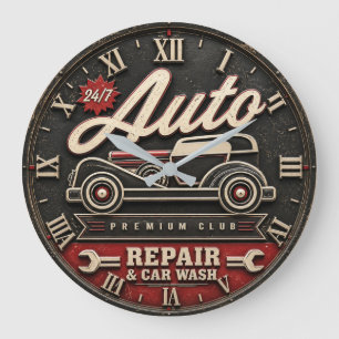 Vintage Auto Repair & Car Wash Large Clock